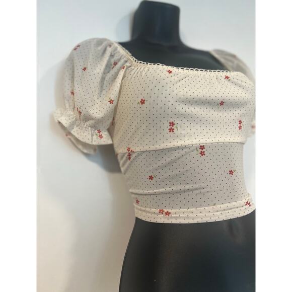 Women’s Cottagecore Romantic Floral Polka dot Puff Sleeve Crop Top S Cream Red - Picture 3 of 6